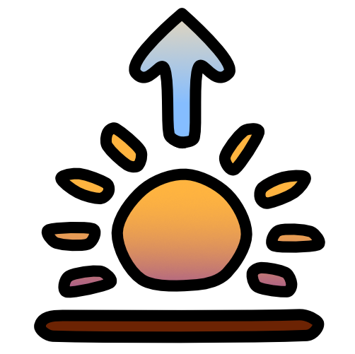  a sun sits above a brown line, the sun has a slight purple to yellowish orange gradient. At the top of the sun is an arrow pointing up with a blue to white gradient.